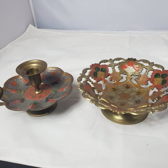 PENCO Industries Vintage Ornate ENAMELED BRASS CANDLESTICK HOLDER and 6" BOWL - Picture 7 of 7